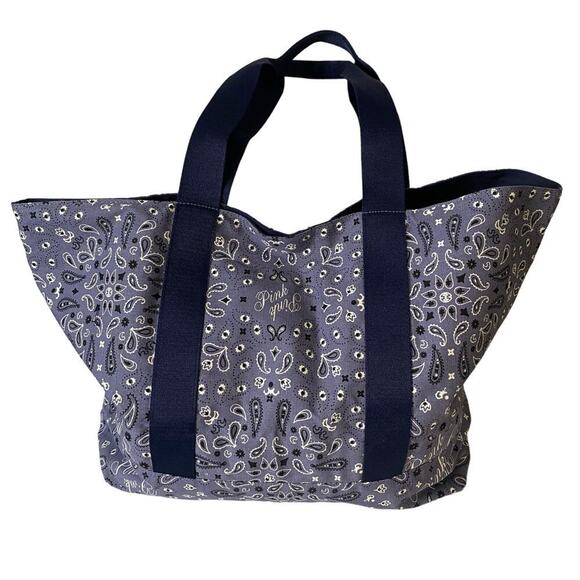 PINK Victoria's Secret Tote Bag Blue Bandana Print Large Travel Beach Carry All - Picture 2 of 14